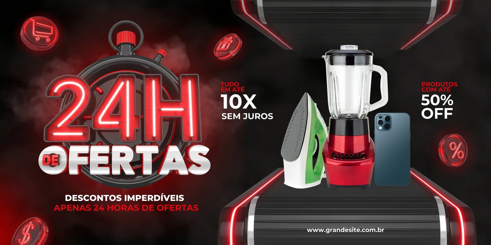 Banner horizontal em preto e vermelho com tema de liquidação 24h. Destaca um cronômetro com neon '24H DE OFERTAS', ícones de carrinho e presentes, e produtos como liquidificador, ferro de passar e celular. Inclui texto sobre descontos e parcelamento.