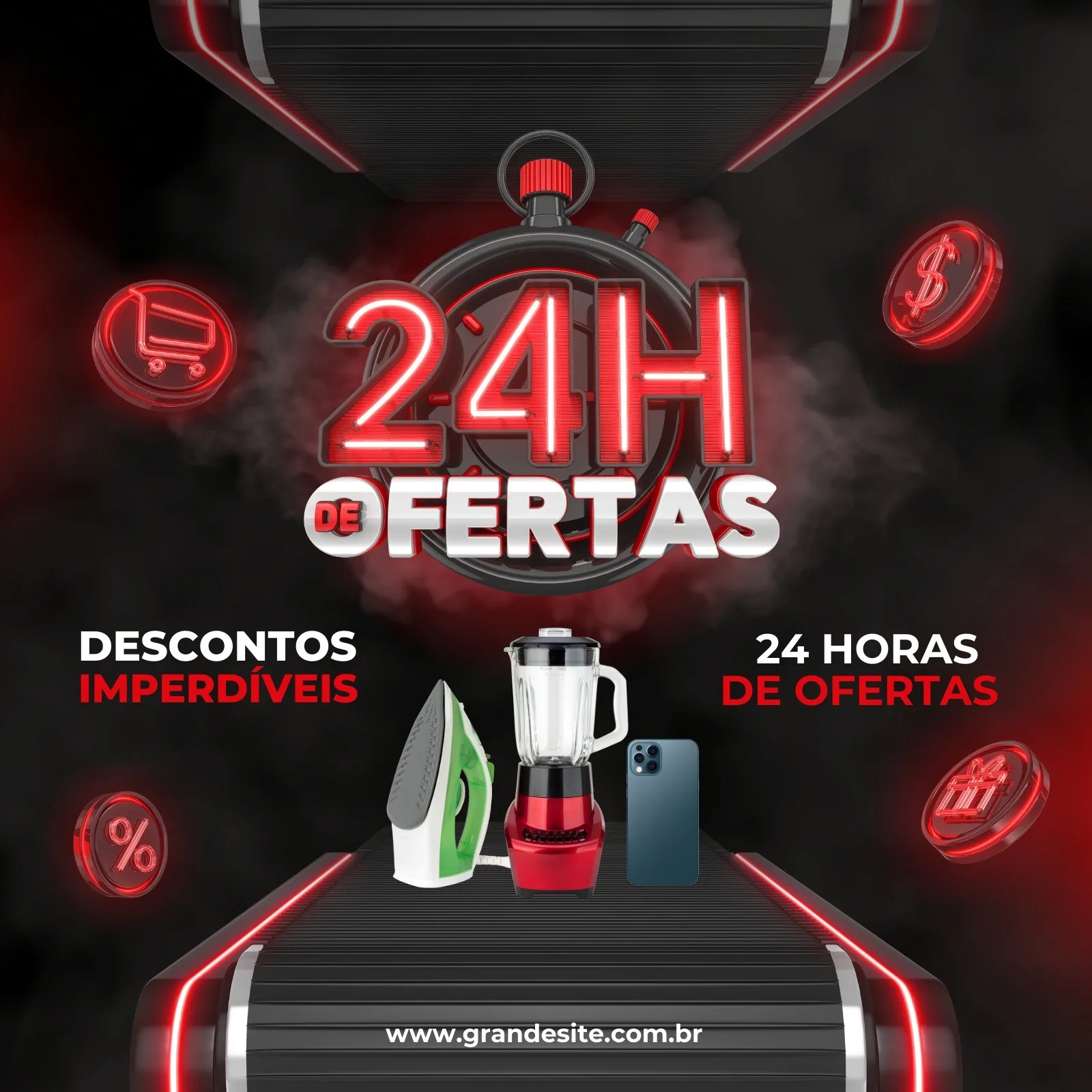 Post para Instagram de loja de eletrodomésticos anunciando '24h de Ofertas'. Fundo preto com detalhes em vermelho neon, ícones de carrinho, porcentagem, dólar e presente. Apresenta ferro de passar, liquidificador e celular.