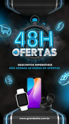 Template de Story para Instagram com tema de liquidação de 48 horas. Fundo escuro com detalhes em neon azul e preto, exibindo um smartwatch, smartphone e fones de ouvido sem fio. Ícones de carrinho de compras, porcentagem e presente flutuam ao redor.