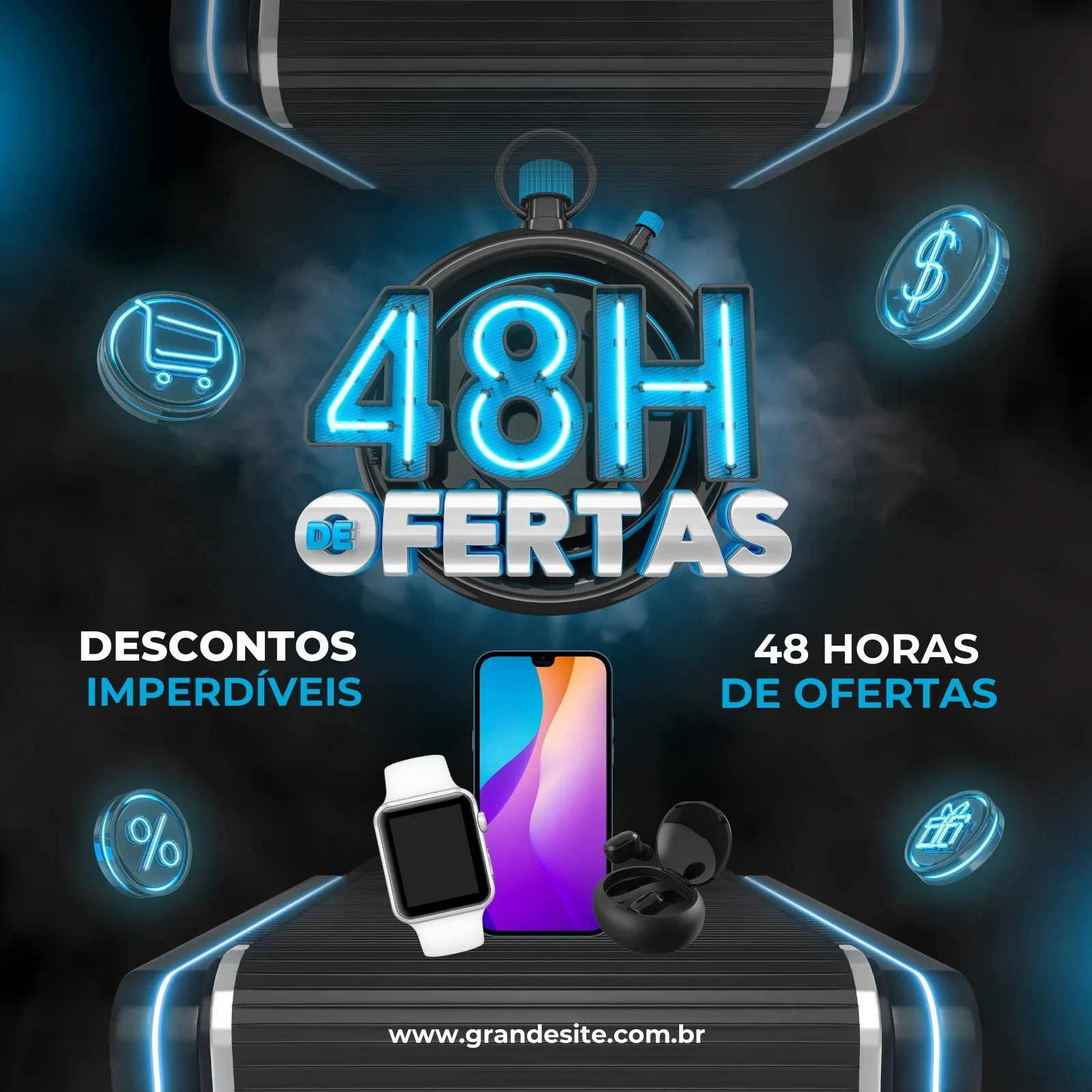 Template de post para redes sociais com fundo escuro e detalhes em neon azul. Destaca um cronômetro com '48H DE OFERTAS' em neon, ícones de carrinho, dólar, porcentagem e presente, além de um smartphone, smartwatch e fones de ouvido. Promove descontos imperdíveis.