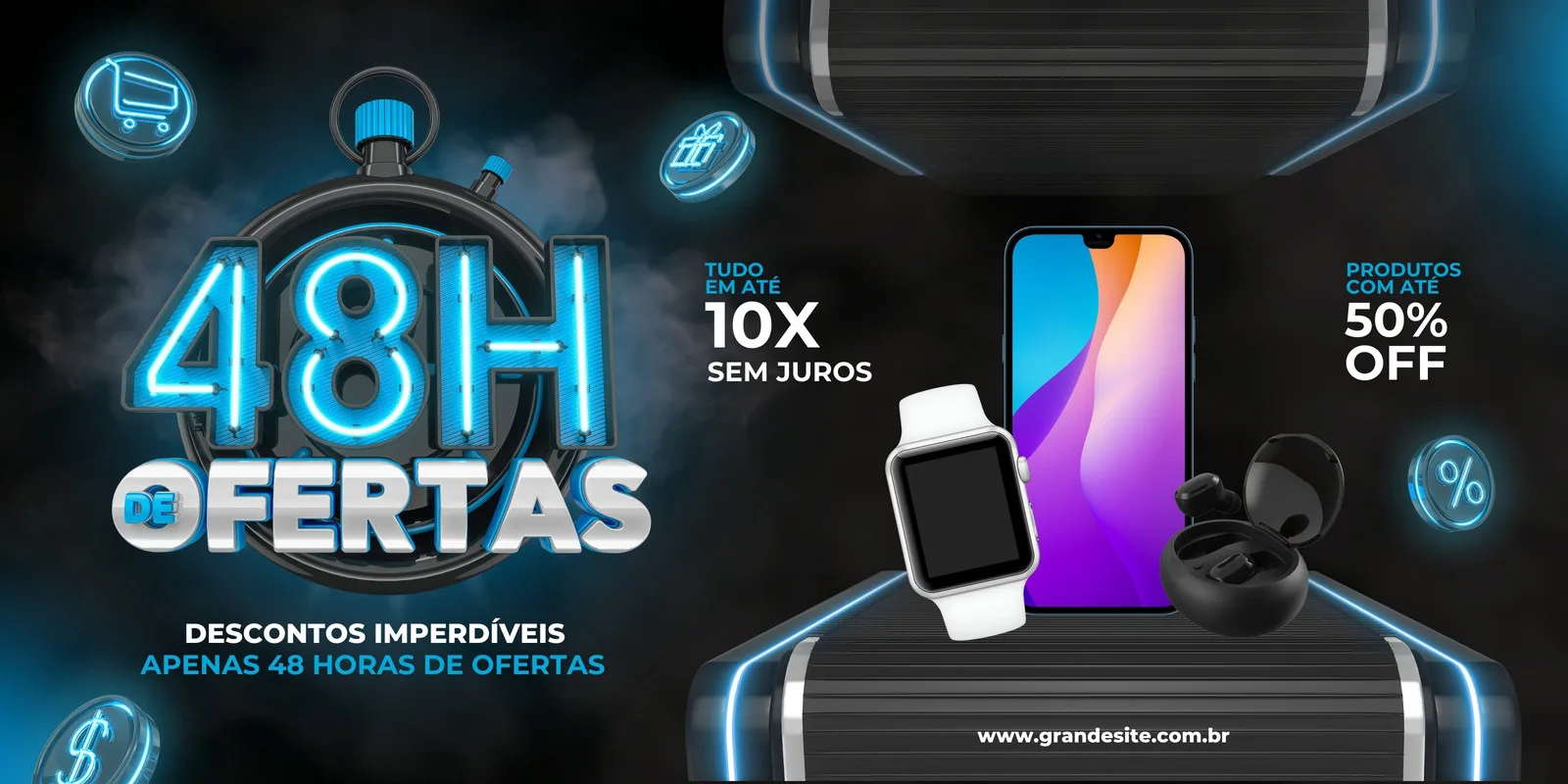 Banner horizontal em tons escuros com detalhes em neon azul, promovendo '48H DE OFERTAS' em produtos eletrônicos. Destaque para smartphone, smartwatch e fones de ouvido sem fio, com chamadas para 50% OFF e 10x sem juros.