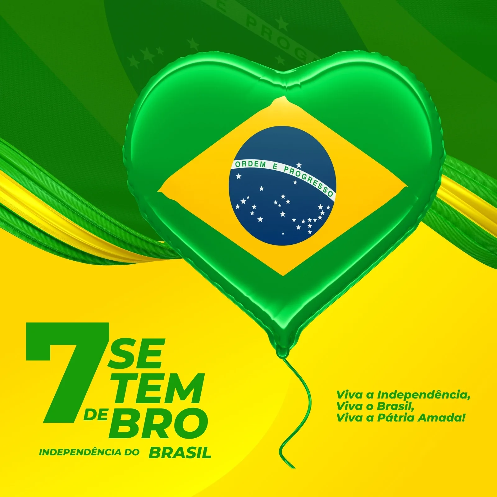 Post para Instagram com tema de 7 de Setembro, destacando a bandeira do Brasil em formato de coração e a frase '7 de Setembro Independência do Brasil'. As cores predominantes são verde, amarelo e azul, com um fundo vibrante.