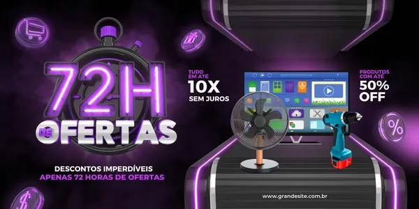 Banner promocional com tema de ofertas de 72 horas para produtos eletrônicos. Destaque para um cronômetro neon roxo com '72H DE OFERTAS', ícones de carrinho e presente, um ventilador, uma TV com aplicativos e uma parafusadeira. Cores predominantes roxo e preto, com neon vibrante.