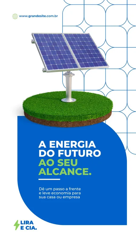 Template de Story para Instagram com painéis solares sobre um pedaço de grama, com o texto 'A Energia do Futuro ao Seu Alcance'. Design moderno em azul e branco, ideal para divulgar soluções em energia solar.