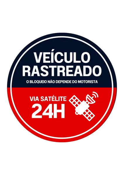 Adesivo redondo com fundo dividido em azul escuro e vermelho. Texto branco 'VEÍCULO RASTREADO' na parte superior e 'VIA SATÉLITE 24H' na inferior, com ícone de satélite. Comunica rastreamento e segurança.
