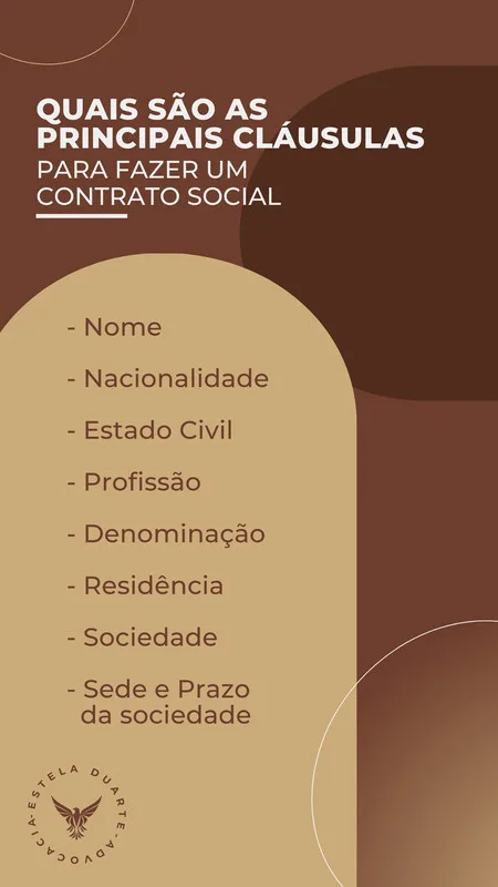 Template de Story para Instagram com fundo marrom e bege, apresentando o título 'Quais são as principais cláusulas para fazer um contrato social' e uma lista detalhada de itens essenciais. Perfeito para advogados informarem seus seguidores.