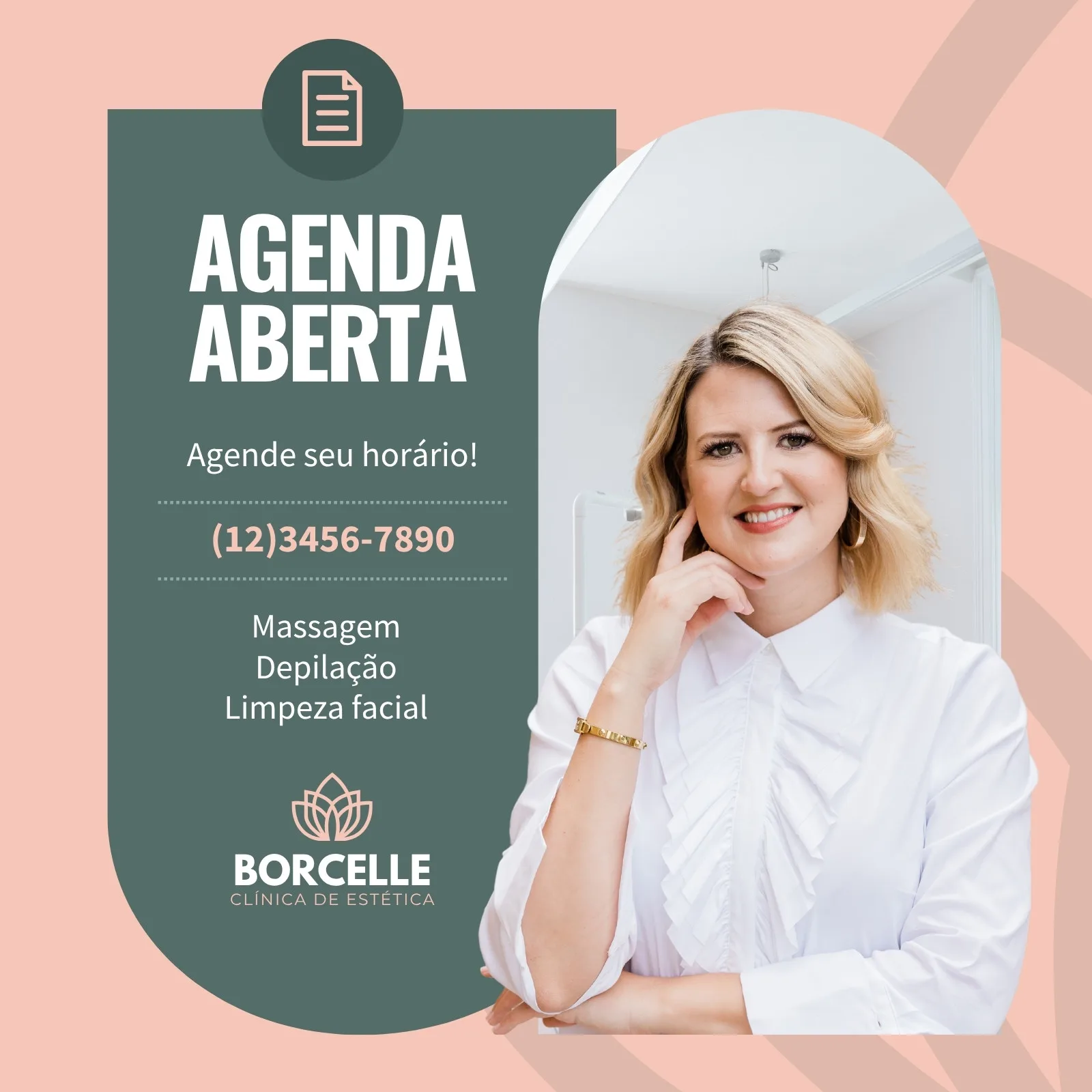 Post de Instagram com fundo em tons de verde e rosa claro, anunciando 'Agenda Aberta' para clínica de estética. Inclui foto de uma profissional sorrindo, lista de serviços e informações de contato, convidando para agendamentos.