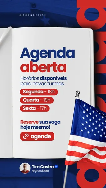 Story vertical para Instagram com fundo azul escuro e detalhes em vermelho e branco. No centro, um livro aberto exibe o texto "Agenda aberta" em azul e vermelho, com horários de aulas (Segunda, Quarta, Sexta) e um botão "agende". À direita, uma bandeira dos Estados Unidos tremula. Abaixo, a foto e nome do professor.