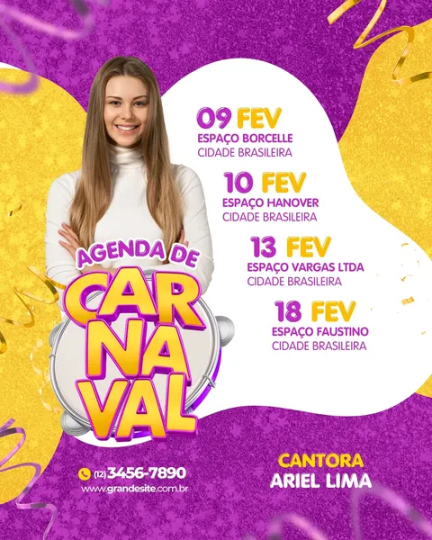 Post de Carnaval vibrante em roxo e amarelo, com uma mulher sorridente e uma agenda de shows detalhada. O título 'Agenda de Carnaval' em destaque sobre um pandeiro, cercado por confetes e fitas festivas. Perfeito para cantores e blocos de rua divulgarem suas apresentações em redes sociais.