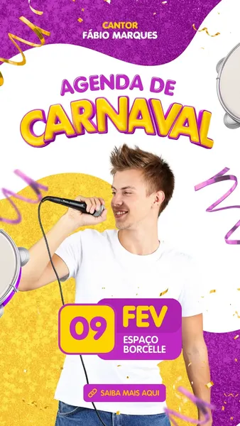 Story de Instagram para divulgação de agenda de Carnaval de um cantor. O design é moderno com fundo roxo e amarelo, confetes e a imagem de um cantor segurando um microfone. Inclui data e local do evento.