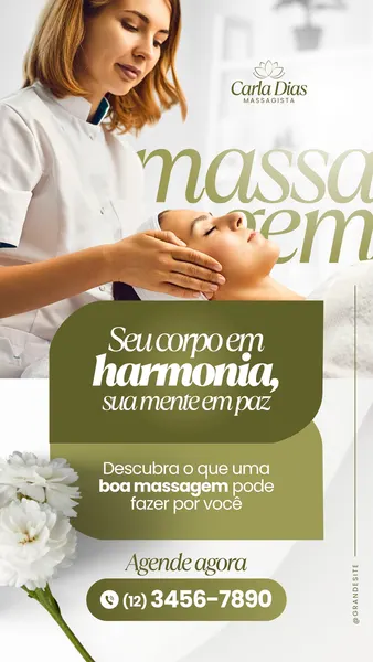 Template de story para Instagram com fundo branco e verde, apresentando uma massoterapeuta aplicando massagem facial em uma cliente. Texto destaca os benefícios da massagem e um botão de agendamento com telefone.