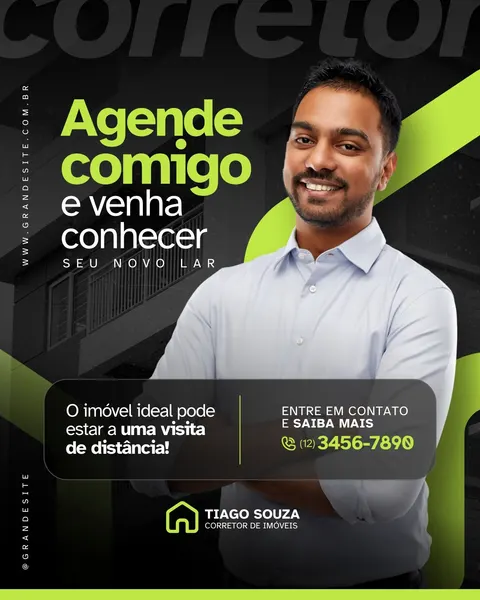 Post de Instagram para corretor de imóveis com fundo escuro e detalhes em verde neon. Um homem sorri no centro, com o texto "Agende comigo e venha conhecer seu novo lar". Inclui informações de contato e logo.