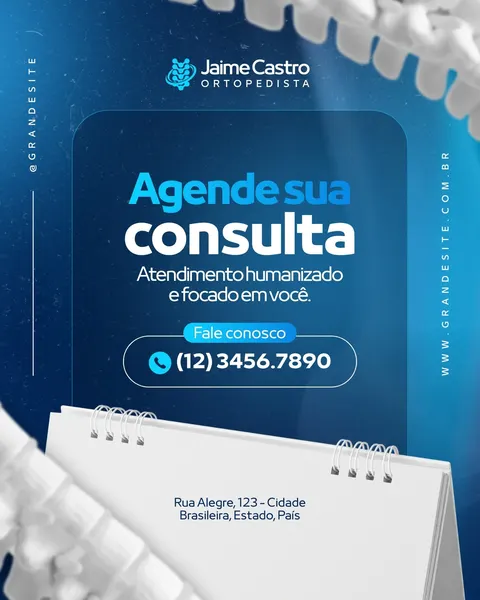 Post para Instagram de um ortopedista com fundo azul escuro e branco. Destaca o texto 'Agende sua consulta' e informações de contato como telefone e endereço. O design é limpo e profissional, com elementos gráficos sutis relacionados à coluna vertebral.