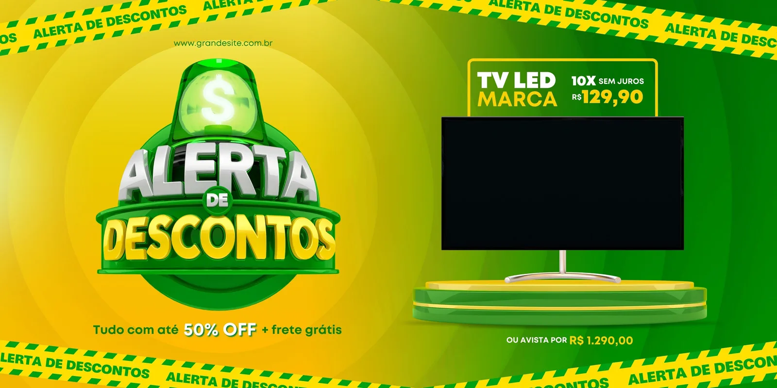 Banner horizontal com fundo degradê amarelo e verde, exibindo um alerta de descontos com um símbolo de cifrão e uma TV LED em promoção. Fita amarela de 'Alerta de Descontos' em volta.