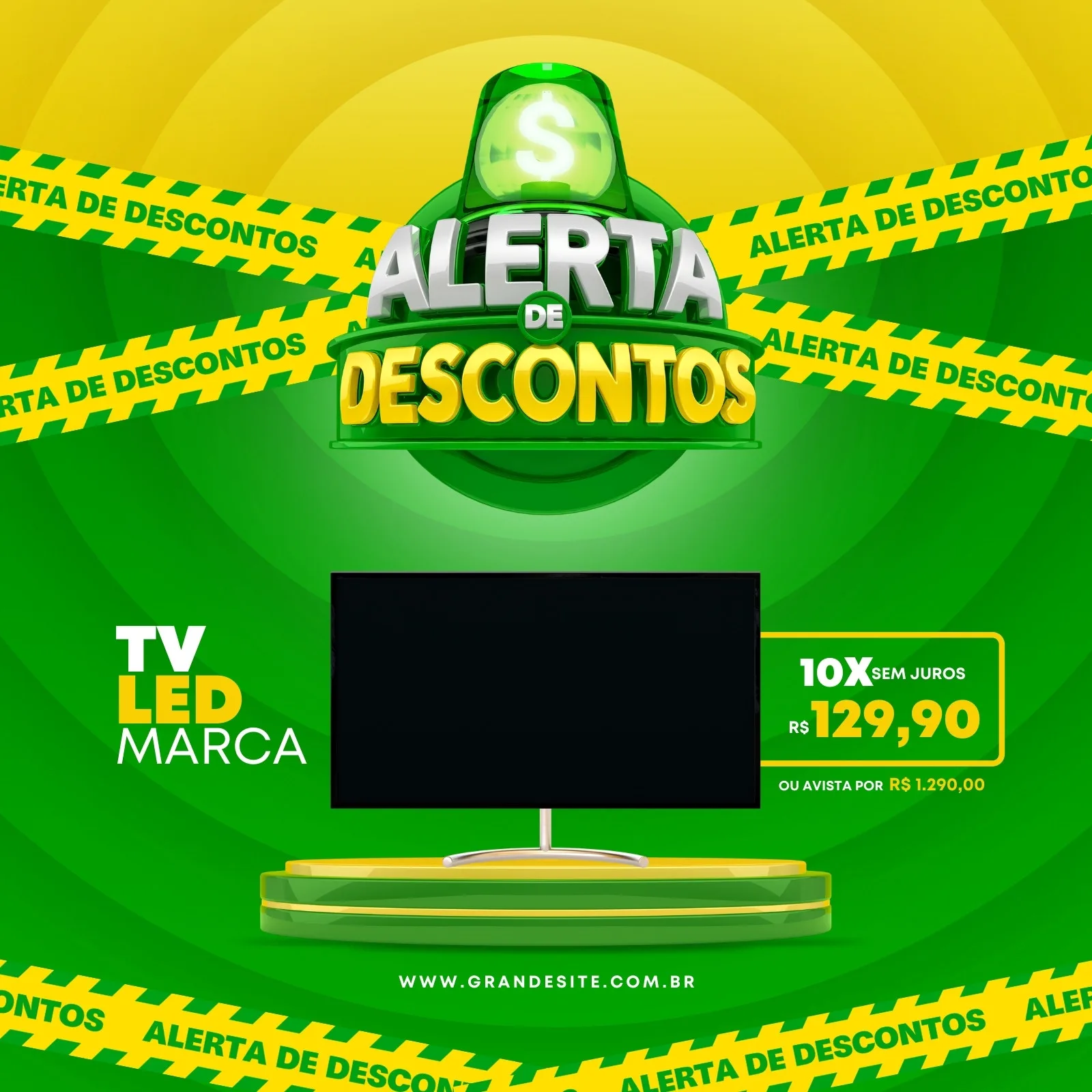 Template de post para redes sociais com fundo verde e amarelo, fita amarela de 'Alerta de Descontos' e um ícone de sirene. Destaca um produto eletrônico (TV) e informações de preço com parcelamento.