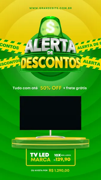 Template de Story para Instagram com o título 'Alerta de Descontos' em 3D, fita de liquidação amarela e verde, imagem de uma TV LED em oferta com preço parcelado e frete grátis, e fundo com padrão de ondas verdes.