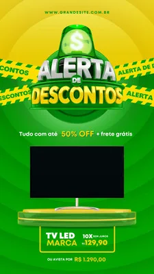Template de Story para Instagram com o título 'Alerta de Descontos' em 3D, fita de liquidação amarela e verde, imagem de uma TV LED em oferta com preço parcelado e frete grátis, e fundo com padrão de ondas verdes.