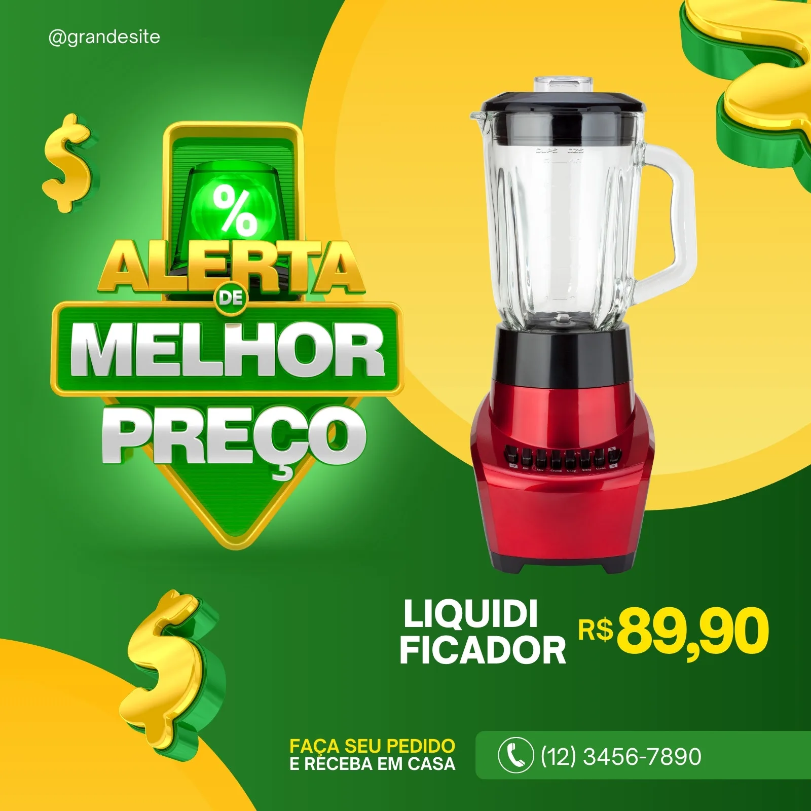Post para Instagram anunciando 'Alerta de Melhor Preço' com um liquidificador vermelho em destaque e o preço R$ 89,90. O design usa cores verde e amarelo vibrantes, com ícones de cifrão e um alerta luminoso.