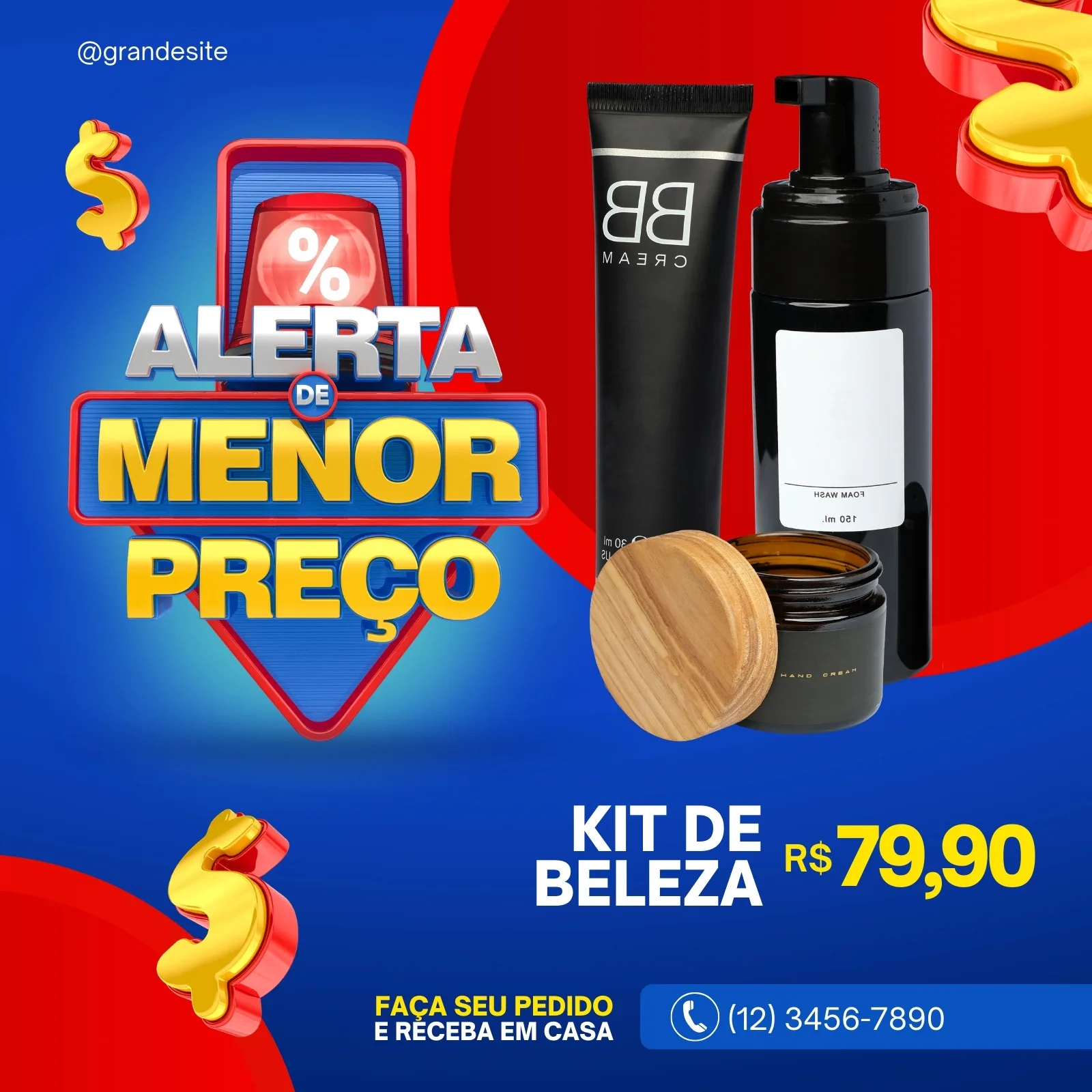 Post para Instagram com a chamada 'Alerta de Menor Preço' em destaque, promovendo um kit de beleza com preço promocional. Fundo azul e vermelho com elementos gráficos de dinheiro e produtos de skincare.