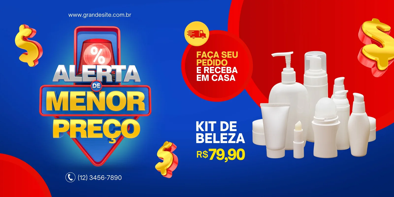 Banner horizontal com fundo azul e vermelho vibrante, anunciando 'Alerta de Menor Preço' para um kit de beleza com preço promocional. Inclui ícones de cifrão dourado, um caminhão de entrega e uma seleção de embalagens de cosméticos brancos.