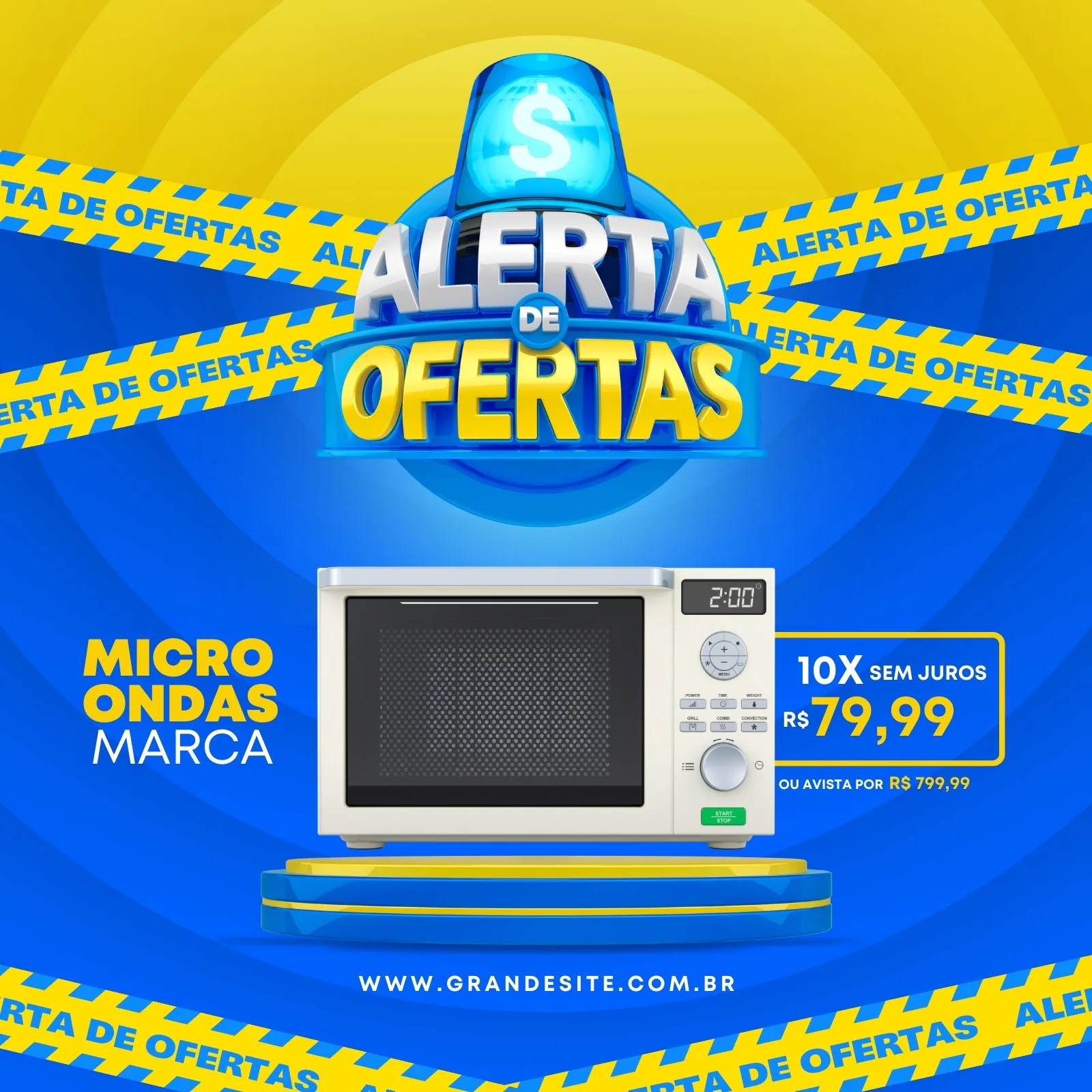 Post para redes sociais com fundo azul e amarelo, anunciando 'Alerta de Ofertas' com uma sirene azul. Destaca um micro-ondas branco com a oferta de 10x sem juros ou preço à vista, ideal para promoções de comércio.