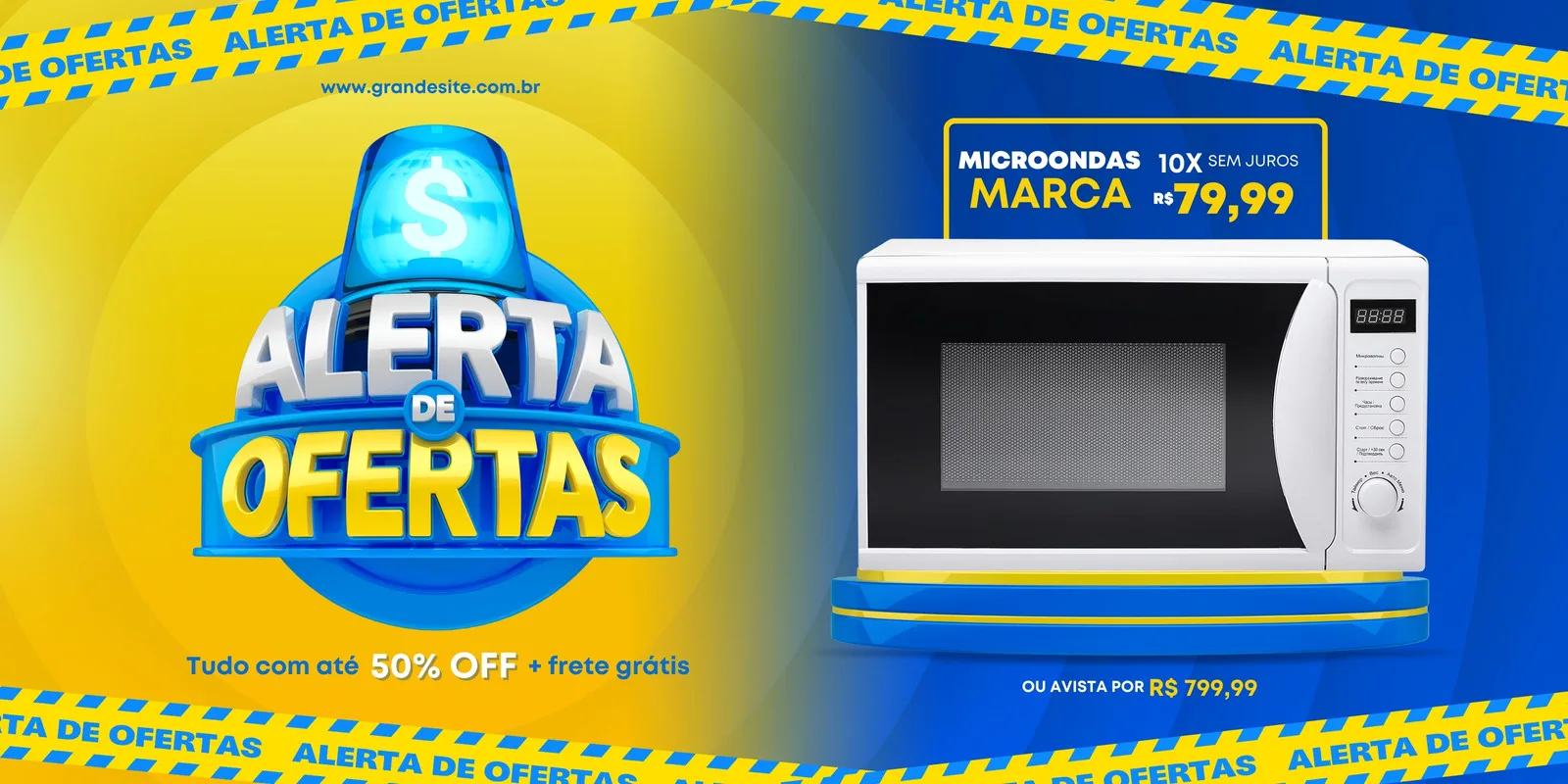 Banner horizontal azul e amarelo com a frase 'Alerta de Ofertas' em destaque, sirene de polícia e um micro-ondas com preço promocional. Inclui texto sobre 50% OFF e frete grátis, ideal para divulgar promoções.