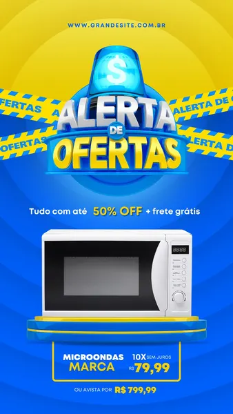 Template de anúncio de oferta para Instagram Story com fundo azul e amarelo vibrantes. Destaca um micro-ondas em promoção com a frase 'Alerta de Ofertas' e detalhes de preço e parcelamento.