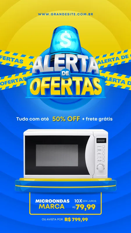 Template de anúncio de oferta para Instagram Story com fundo azul e amarelo vibrantes. Destaca um micro-ondas em promoção com a frase 'Alerta de Ofertas' e detalhes de preço e parcelamento.