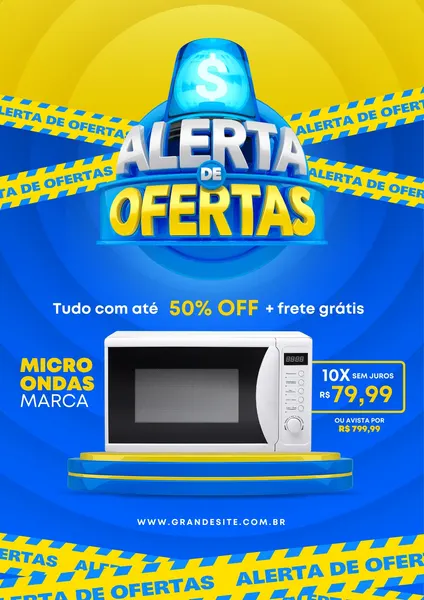 Template de post para redes sociais com fundo azul e amarelo vibrante. Destaque para um micro-ondas em promoção, com texto 'Alerta de Ofertas', '50% OFF' e condições de pagamento parcelado. Fitas de 'Alerta de Ofertas' decoram o topo e a base.