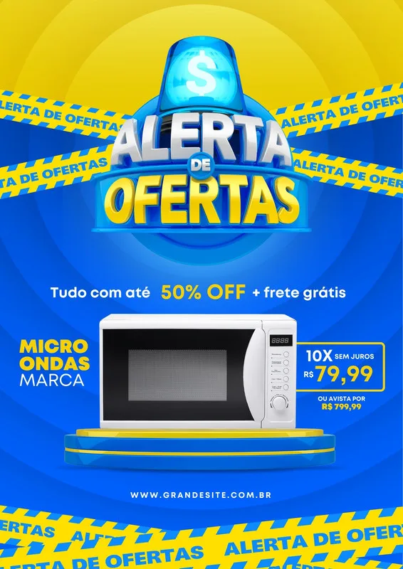 Template de post para redes sociais com fundo azul e amarelo vibrante. Destaque para um micro-ondas em promoção, com texto 'Alerta de Ofertas', '50% OFF' e condições de pagamento parcelado. Fitas de 'Alerta de Ofertas' decoram o topo e a base.