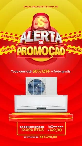 Story de Instagram com fundo vermelho e amarelo vibrante, exibindo um ar condicionado em destaque. Um letreiro "Alerta de Promoção" com sirene e fita de isolamento chama a atenção para a oferta de 50% OFF e frete grátis.