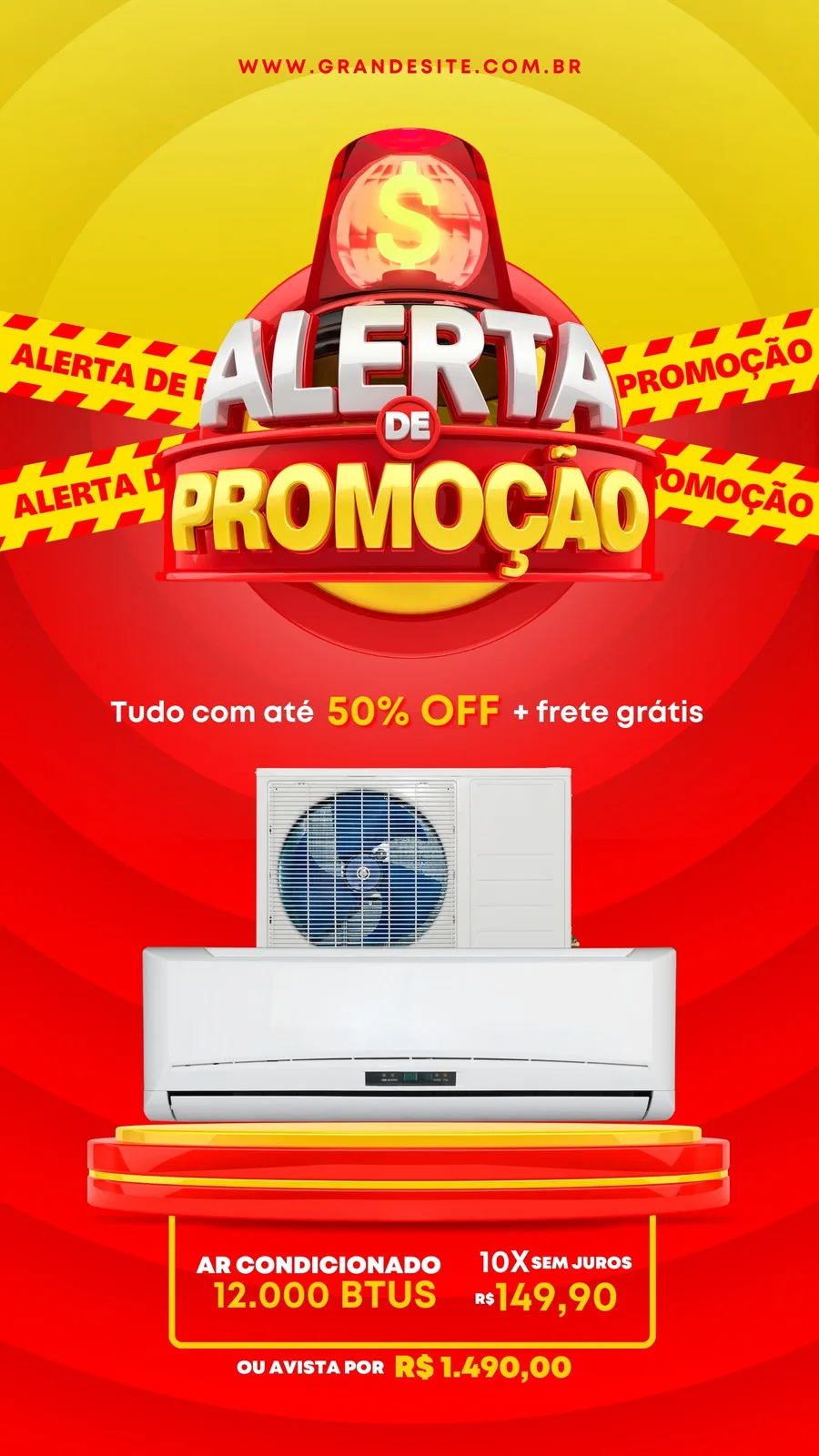 Story de Instagram com fundo vermelho e amarelo vibrante, exibindo um ar condicionado em destaque. Um letreiro "Alerta de Promoção" com sirene e fita de isolamento chama a atenção para a oferta de 50% OFF e frete grátis.