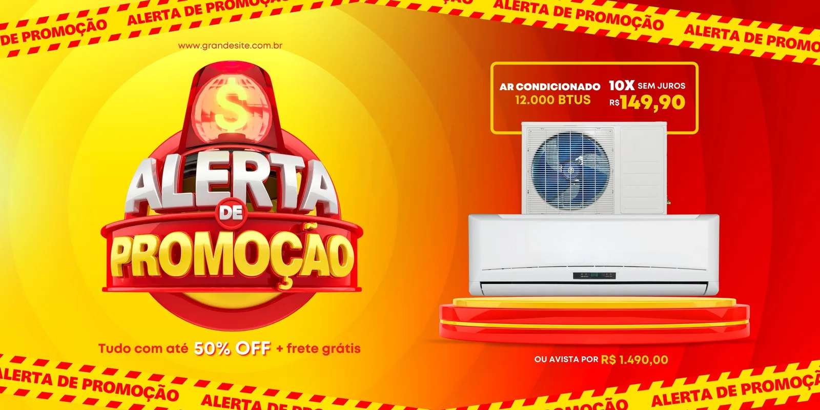 Banner horizontal em paisagem com fundo degradê de amarelo para vermelho, exibindo um alerta de promoção com uma sirene e um cifrão. Ao lado, um ar condicionado em destaque com preço e condições de pagamento, convidando para ofertas.