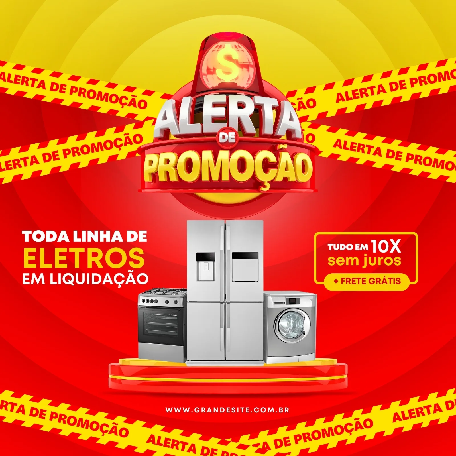 Template de post para redes sociais com fundo vermelho e amarelo vibrante, anunciando 'Alerta de Promoção' e 'Liquidação de Eletros'. Destaca geladeira, fogão e máquina de lavar, com texto sobre parcelamento e frete grátis.