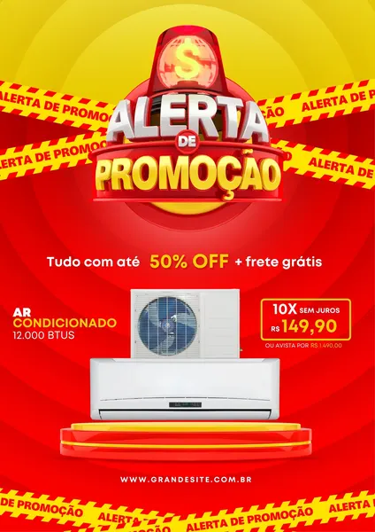 Template de post para redes sociais com fundo vermelho e amarelo vibrante, destacando um ar condicionado em promoção. Inclui texto 'Alerta de Promoção', '50% OFF', 'Frete Grátis' e detalhes de parcelamento, ideal para divulgar ofertas de eletrodomésticos.