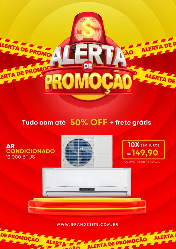 Template de post para redes sociais com fundo vermelho e amarelo vibrante, destacando um ar condicionado em promoção. Inclui texto 'Alerta de Promoção', '50% OFF', 'Frete Grátis' e detalhes de parcelamento, ideal para divulgar ofertas de eletrodomésticos.