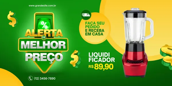 Banner horizontal verde com o texto 'Alerta de Melhor Preço' em destaque. Um liquificador vermelho está em promoção por R$89,90. Há ícones de cifrão e um caminhão de entrega.