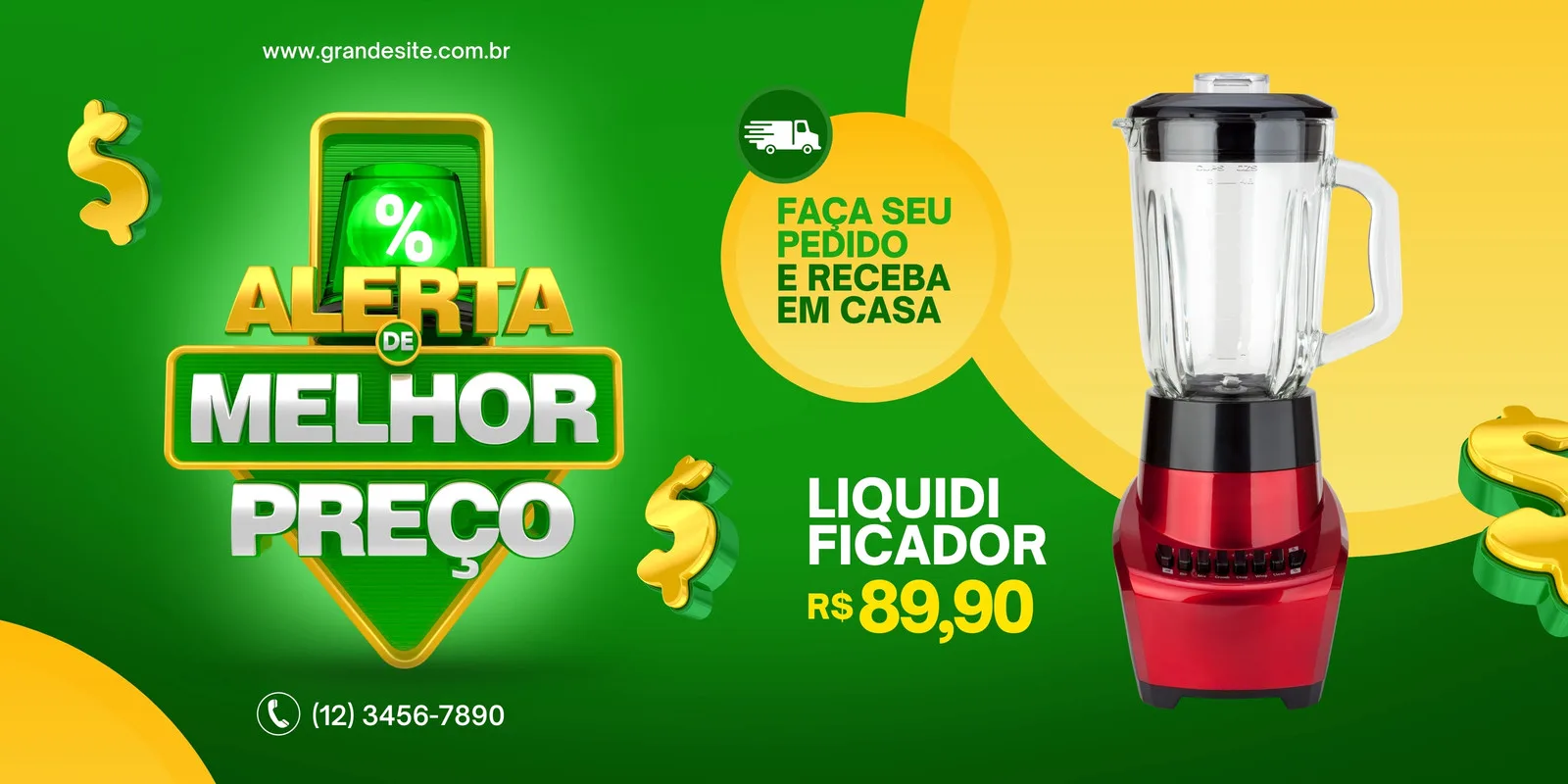 Banner horizontal verde com o texto 'Alerta de Melhor Preço' em destaque. Um liquificador vermelho está em promoção por R$89,90. Há ícones de cifrão e um caminhão de entrega.