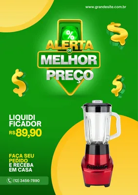 Cartaz digital com fundo verde vibrante e elementos amarelos, anunciando 'Alerta de Melhor Preço' com destaque para um liquidificador vermelho em oferta por R$89,90. Símbolos de dólar e um ícone de porcentagem completam o design promocional.