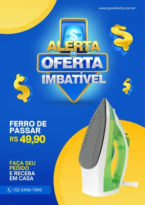 Template de post para Instagram e Facebook com fundo azul vibrante, destacando um ferro de passar branco e verde em promoção. Título 'Alerta de Oferta Imbatível' em destaque, com símbolos de dólar e um alerta luminoso. Informações de preço e contato visíveis.
