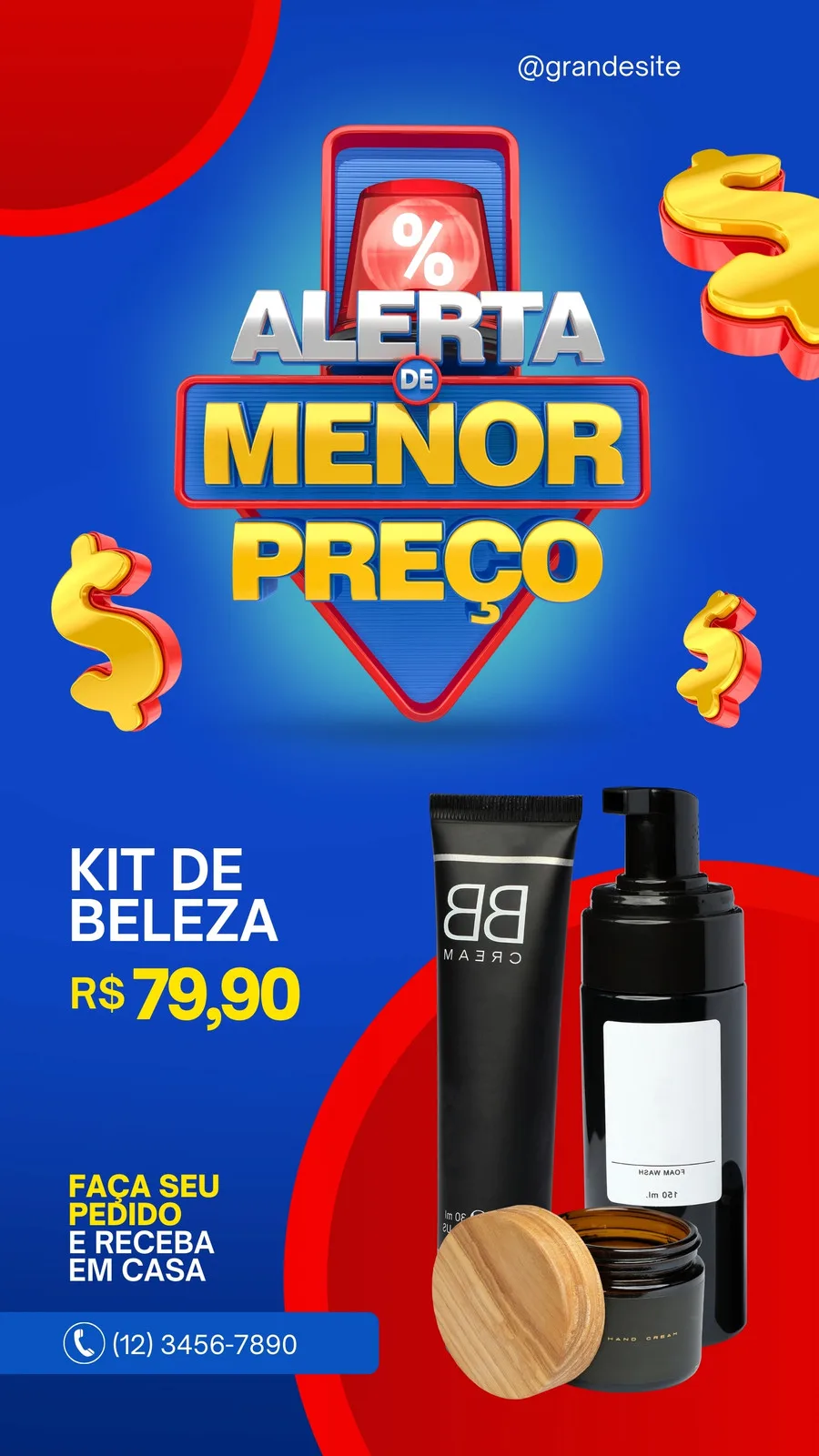 Template de Story para Instagram com design moderno em vermelho e azul, anunciando 'Alerta de Menor Preço' para um kit de beleza custando R$ 79,90. Inclui imagens de produtos cosméticos e um ícone de telefone para contato.