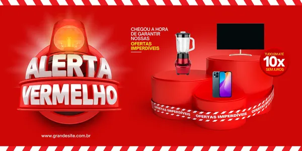 Banner horizontal com fundo vermelho vibrante, apresentando um grande alerta vermelho piscante com as palavras "Alerta Vermelho". Ao lado, produtos como liquidificador, smartphone e TV estão em destaque em pedestais, com a mensagem "Ofertas Imperdíveis" e "Tudo em até 10x sem juros".