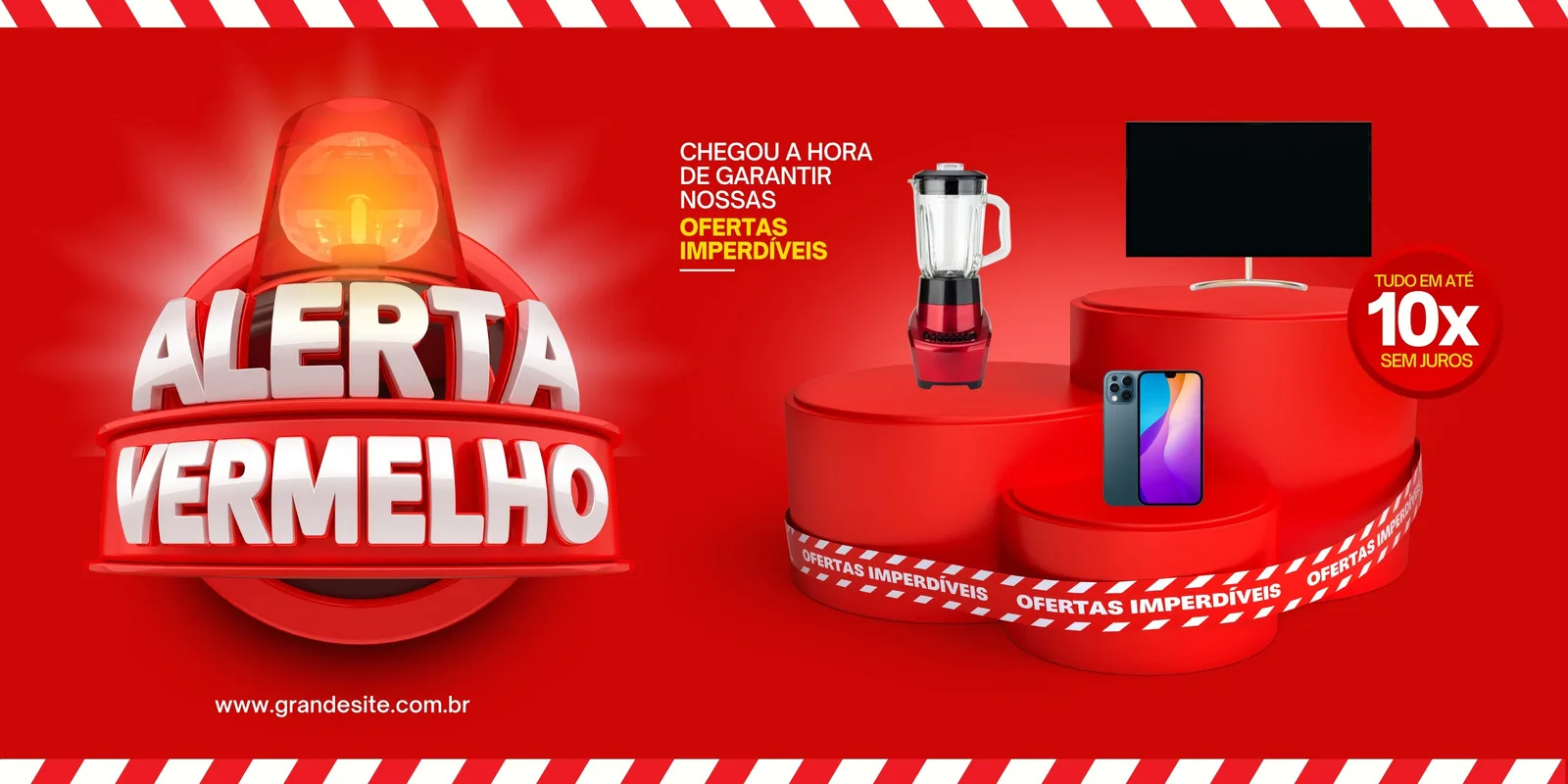 Banner horizontal com fundo vermelho vibrante, apresentando um grande alerta vermelho piscante com as palavras "Alerta Vermelho". Ao lado, produtos como liquidificador, smartphone e TV estão em destaque em pedestais, com a mensagem "Ofertas Imperdíveis" e "Tudo em até 10x sem juros".