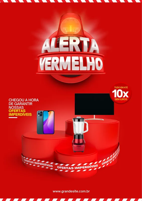 Template de post para redes sociais com tema de liquidação "Alerta Vermelho". Fundo vermelho vibrante com uma sirene piscante no topo. Produtos como celular e liquidificador em destaque em pedestais vermelhos, com fita de "Ofertas Imperdíveis" ao redor. Ideal para promoções de comércio.