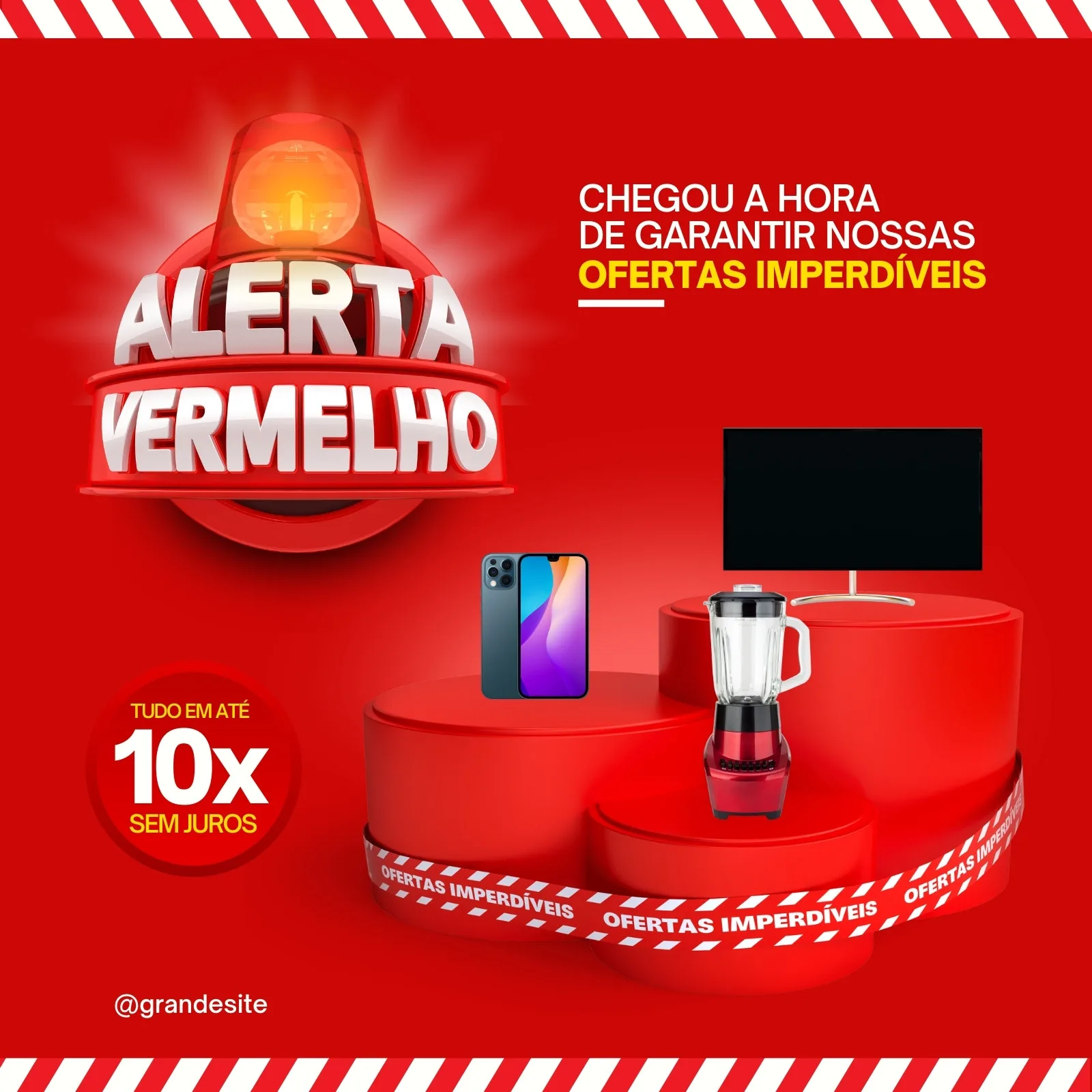 Template de post para redes sociais com fundo vermelho vibrante e o título "Alerta Vermelho" em 3D. Elementos como sirene, smartphones, liquidificador e TV em cima de pedestais vermelhos, com fita de "Ofertas Imperdíveis". Ideal para divulgar liquidações e saldões.