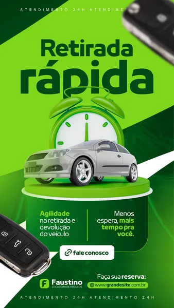 Story de Instagram com fundo verde vibrante e escuro, destacando um carro prata sobre um pódio. Um relógio despertador verde e uma chave de carro preta aparecem, simbolizando agilidade. O texto principal 'Retirada rápida' em verde escuro promove a eficiência de uma locadora de veículos, com informações de contato e site.