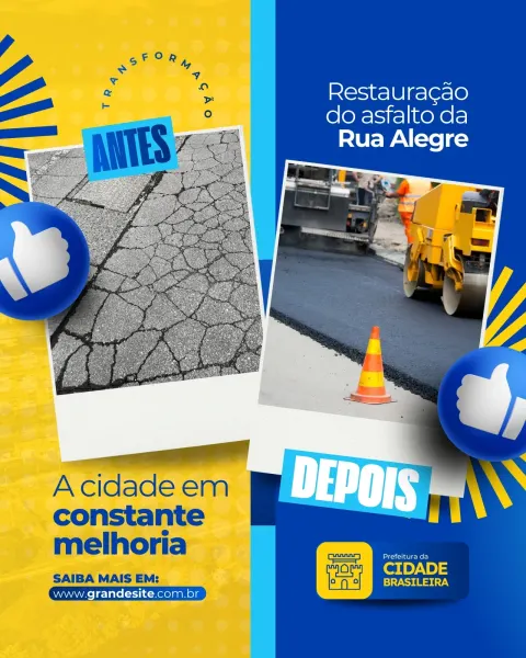 Post vibrante em azul e amarelo, com layout 'Antes e Depois' da restauração de asfalto. A imagem 'Antes' mostra pavimento rachado, a 'Depois' exibe asfalto novo com maquinário e cone. Ícones de 'curtir' e textos sobre melhorias urbanas e prefeitura destacam o progresso em obras públicas.