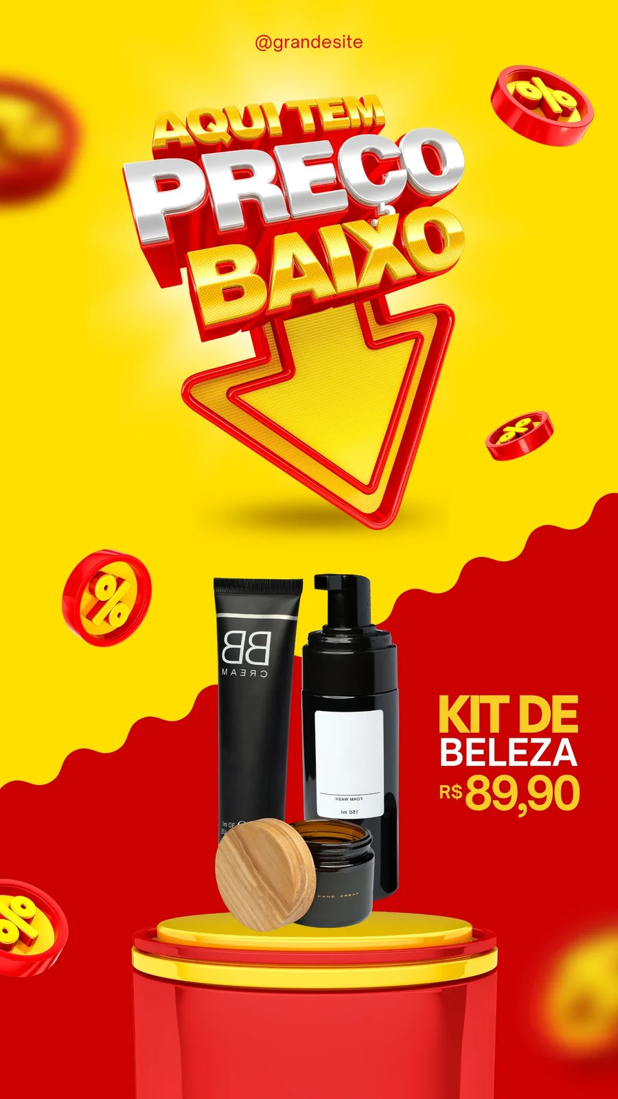 Story de Instagram com fundo amarelo e vermelho vibrante, destacando um kit de beleza com preço promocional. Elementos gráficos como setas e porcentagens indicam oferta e preço baixo.