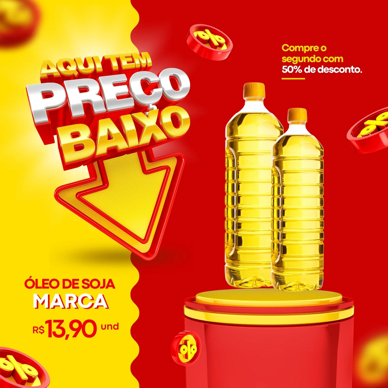 Template de story para Instagram de supermercado com fundo vermelho e amarelo. Destaque para a frase 'Aqui Tem Preço Baixo' e um seta apontando para baixo. Duas garrafas de óleo de soja em destaque com preço e oferta de compre o segundo com 50% de desconto.