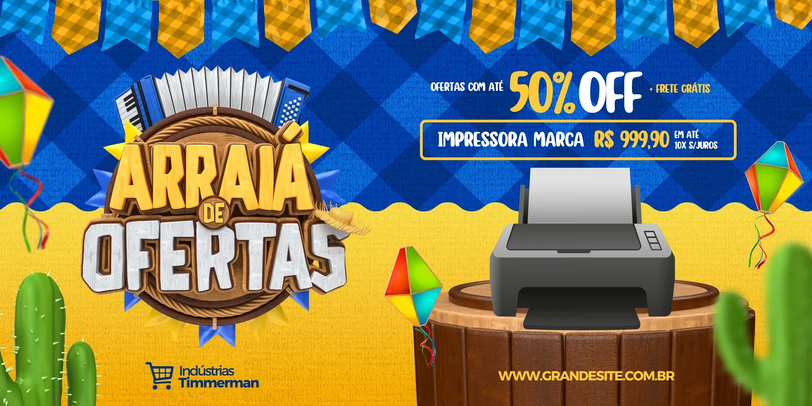 Banner horizontal de loja de informática com tema de Festa Junina. Fundo azul xadrez e amarelo com bandeirinhas, balões e cactos. Destaca o texto 'Arraiá de Ofertas' e uma impressora com promoção de 50% OFF e frete grátis.